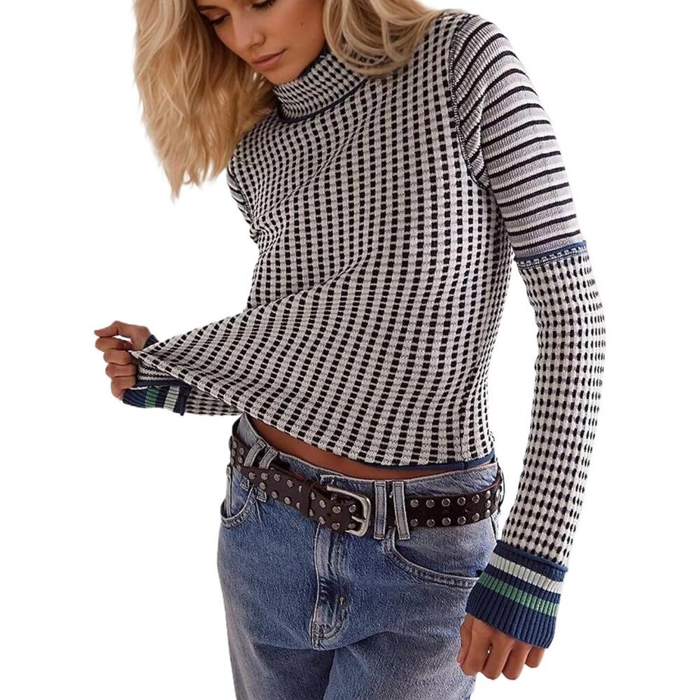Women's Cotton Blend Cropped Sweater Long Sleeve Striped Plaid Casual